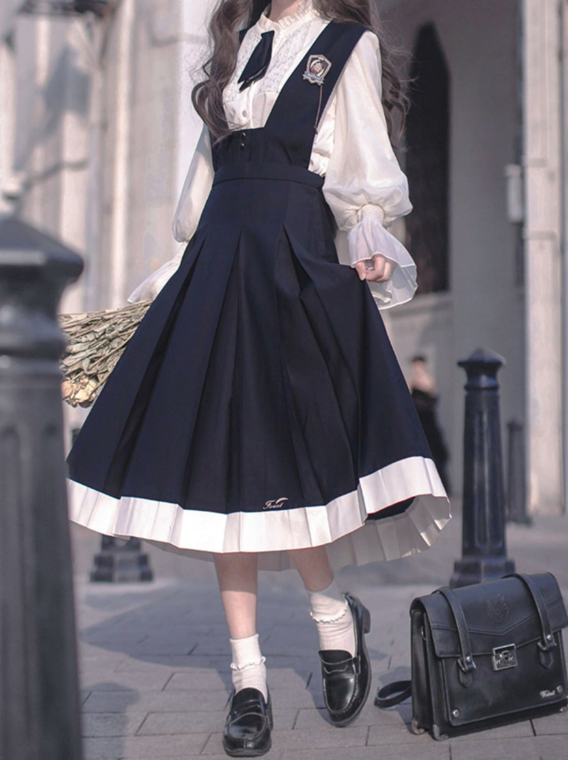 Dress Emblem + Tie + Blouse + Ruffle Retro College Beret Cyan Style Elegant Chiffon