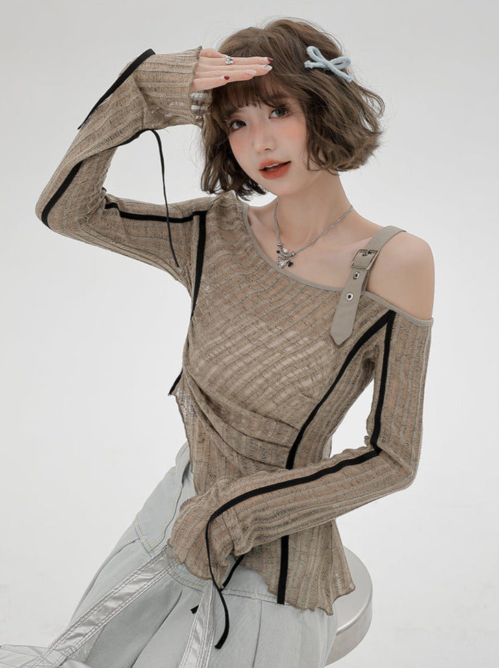 Irregular One-shoulder Top Sheer Slim American