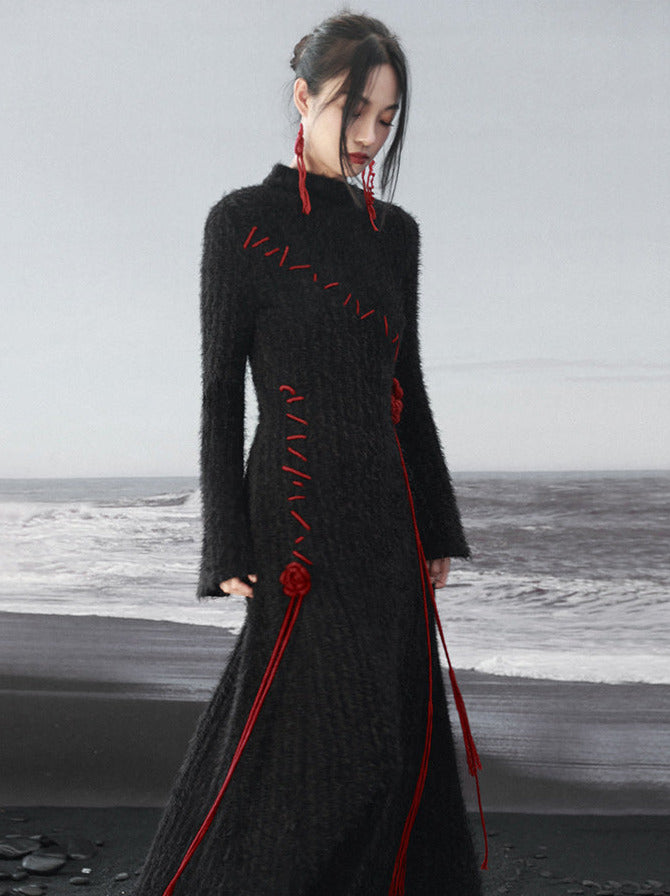 Contrast Dress Rose Irregular Red Knit Sleeve Dark Black Bell