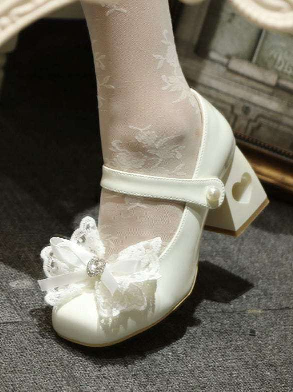 Elegant French Square Lace Ribbon Shoes Heel Toe Lolita Love