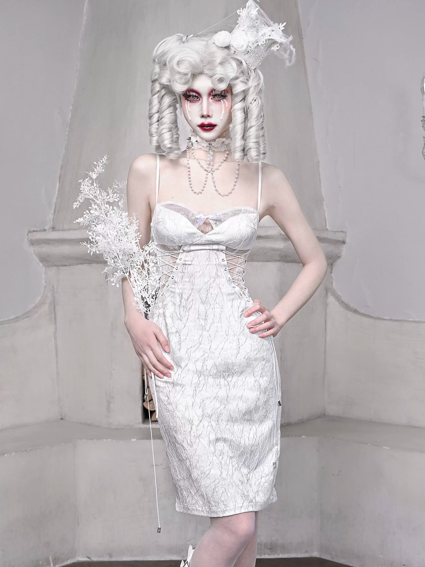 White Strap Sleeping Slim Jacquard Dark Alice Gothic Dress Suspender
