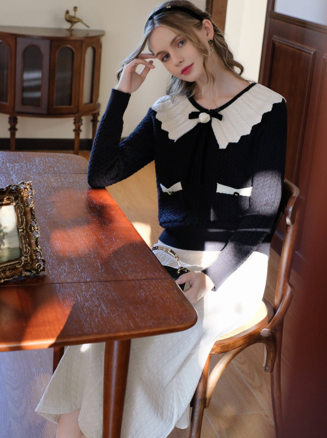 Sweater Block Web Ribbon Retro Lapel French Color Cardigan