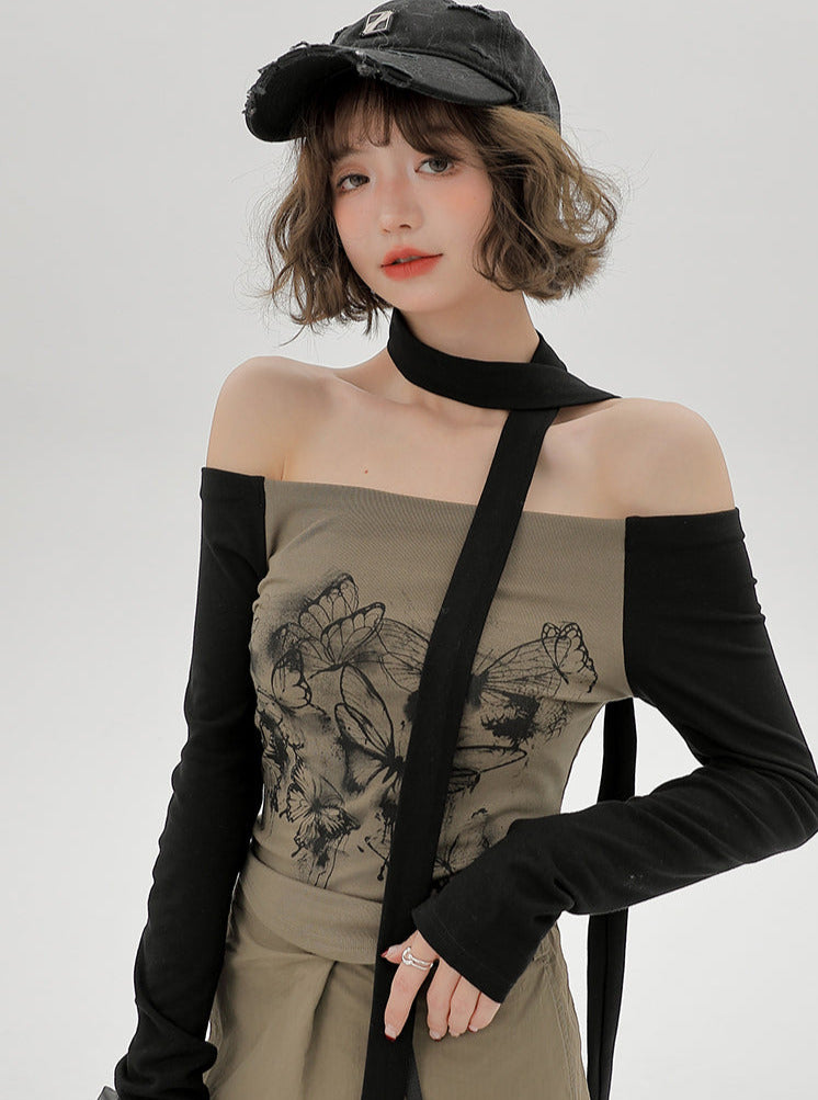 Top Slim One-line Scarf Off-the-shoulder Print Butterfly