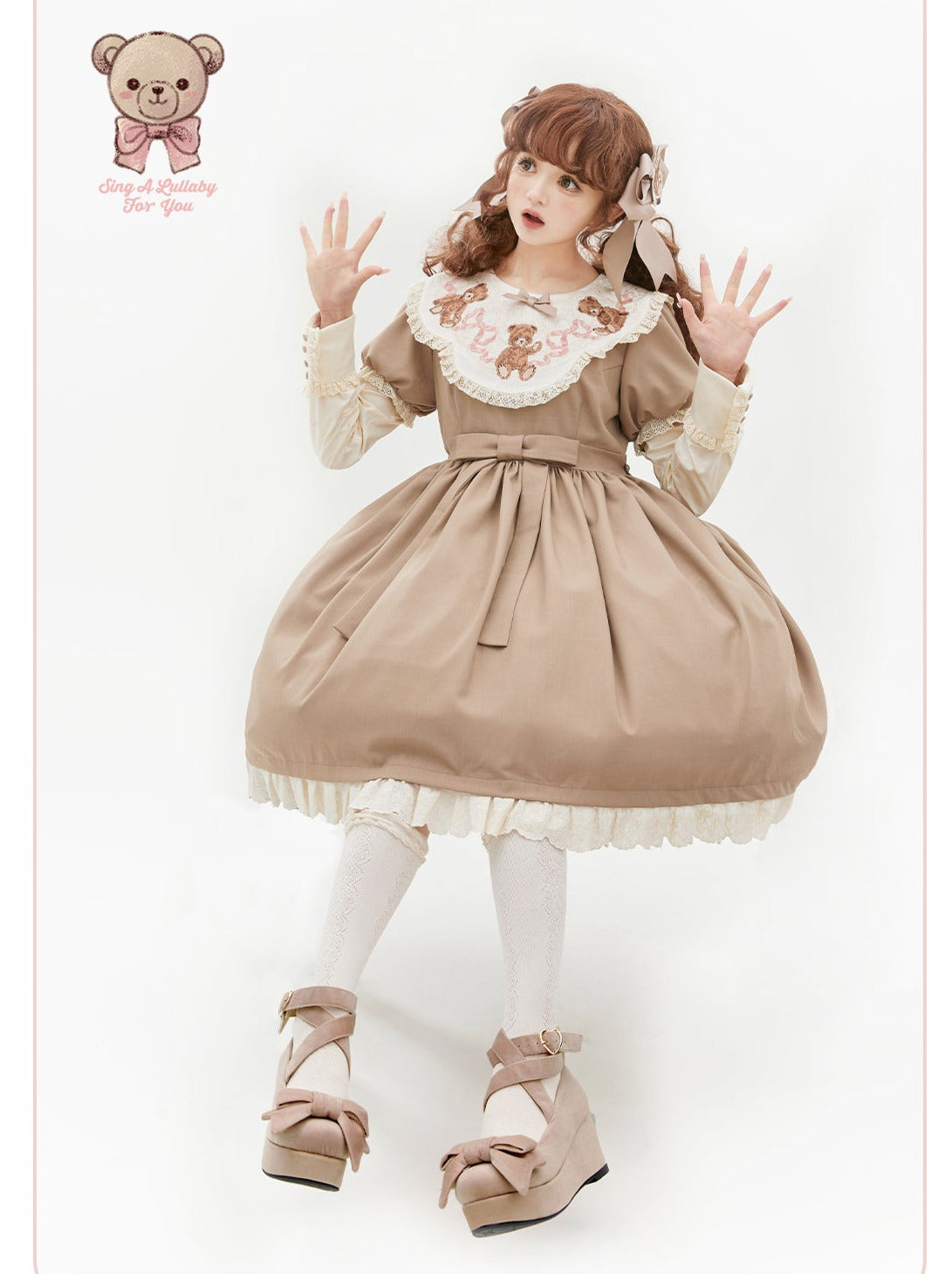 ロリータテディベアフラップレースパフスリーブリボンデレス