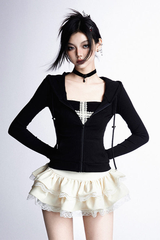 + Cross Cake Ruffle Hoodie Skirt Slim Hooded Top Tube