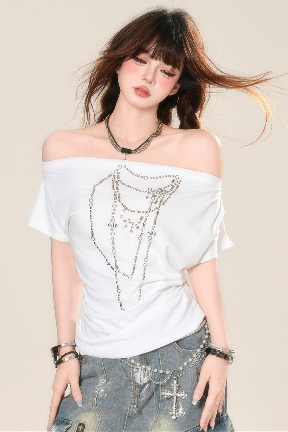 T-Shirt mit One-Shoulder-T-Shirt und Kordelzug