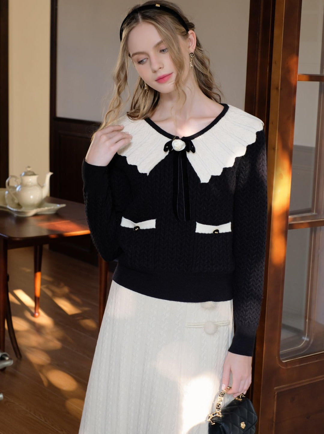 Sweater Block Web Ribbon Retro Lapel French Color Cardigan