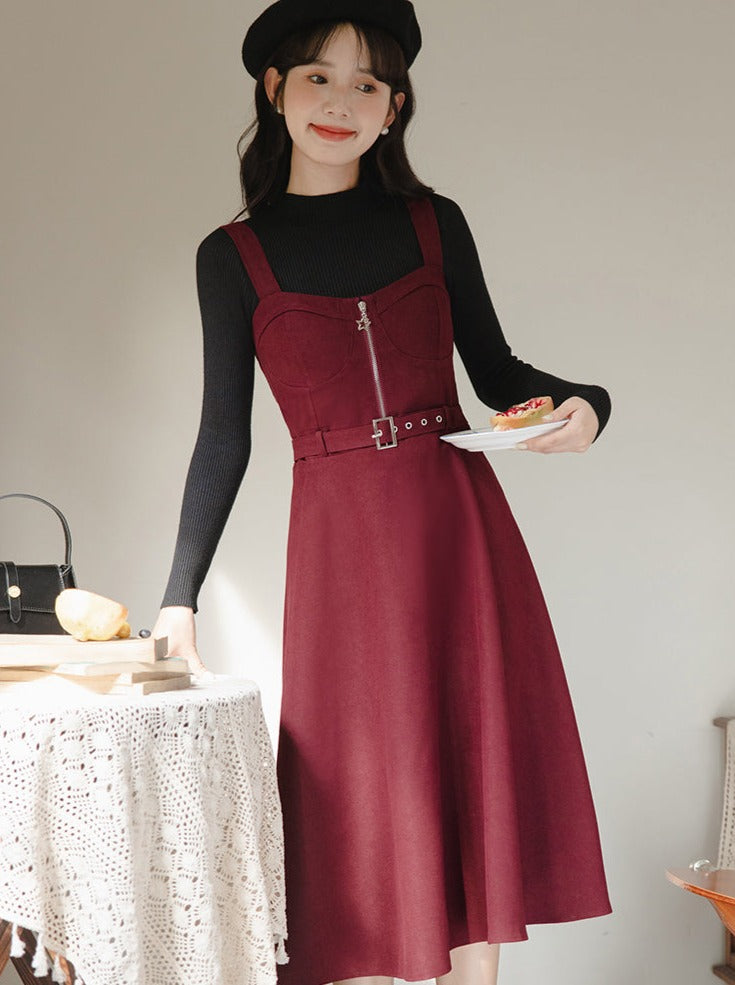 Slim Knit Retro Half + Suspender Turtleneck Skirt