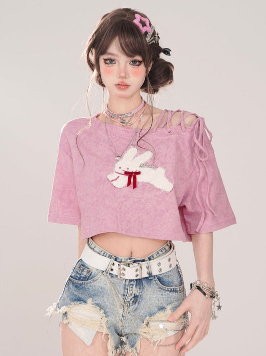 ウサギのTシャツ クロップド オフショルダー