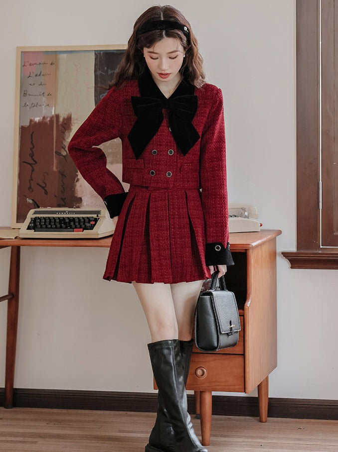 Jupe veste + tweed plissé rétro girly foncé