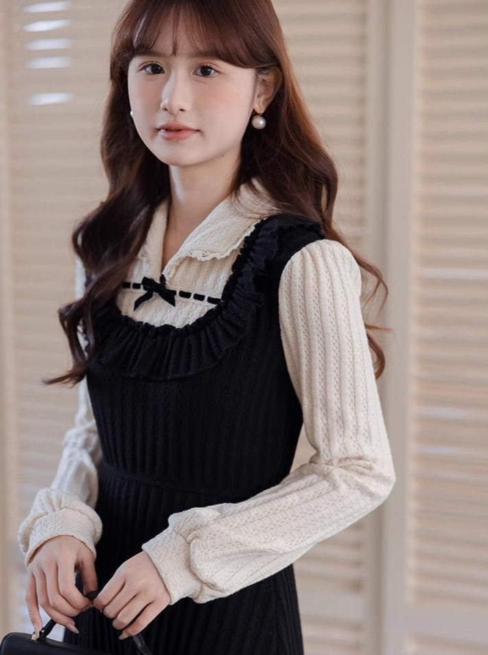 Dress French Piece Girly Faux Two Retro