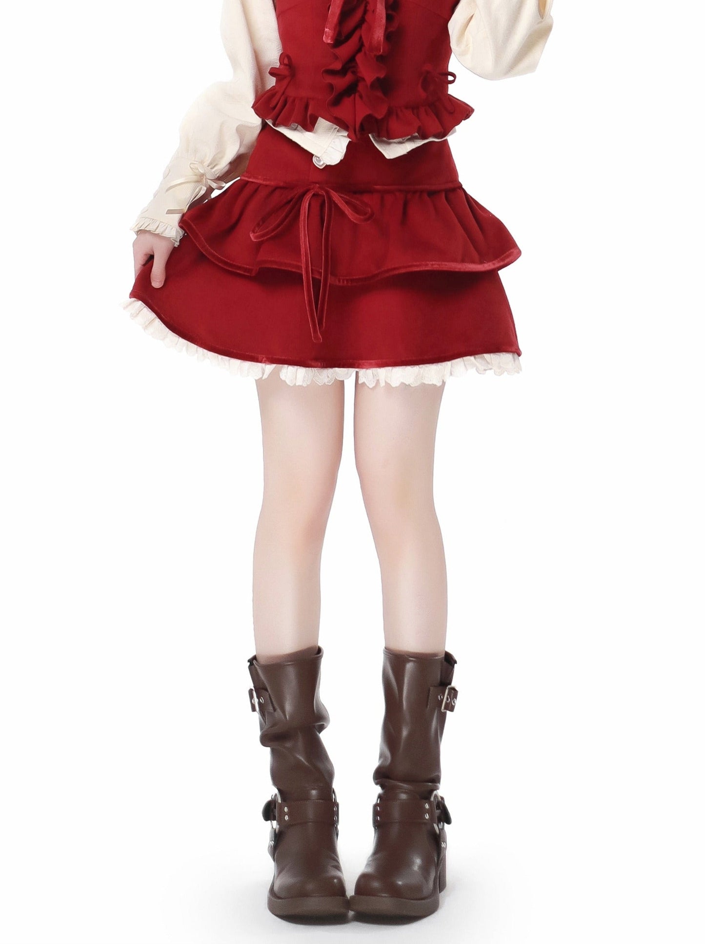 Veste courte à volants en ruban, support de chant, couleur foncée, motif chemise, jupe, costume
