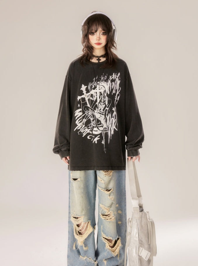 Printed Tops Neck Loose Round Dark