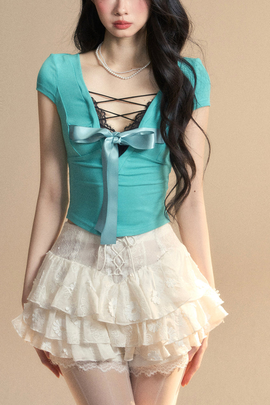 Top Reservations Ribbon Trim Lace Chic Crop