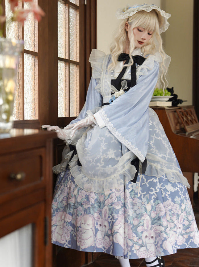 Süßes, bedrucktes Dienstmädchen-Alice-Kostümkleid im japanischen Stil