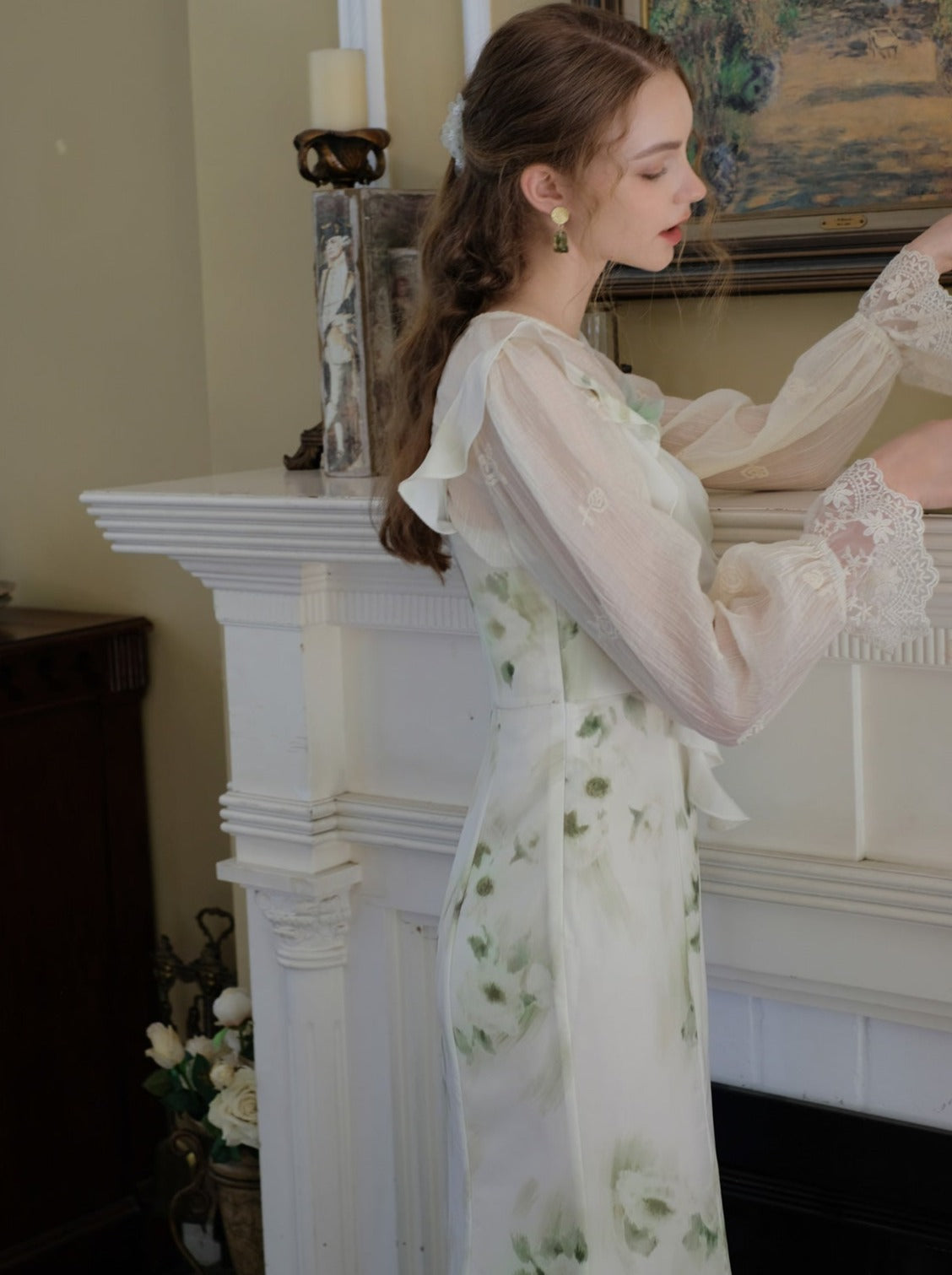 Skirt Top Green Camisole Flower Sheer + Chiffon