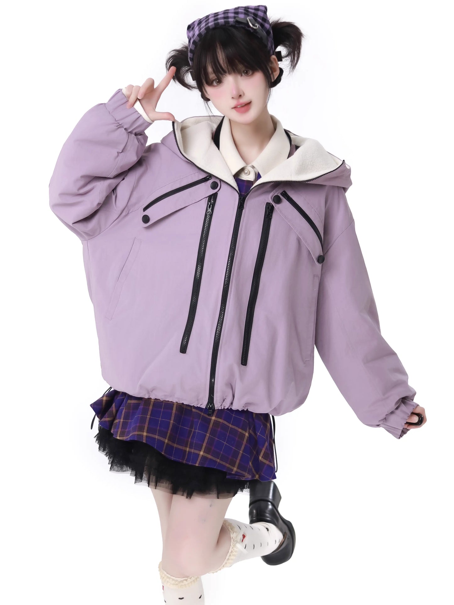 Lila Taro-Jacke mit mehreren Taschen, Strickanzug mit Rock