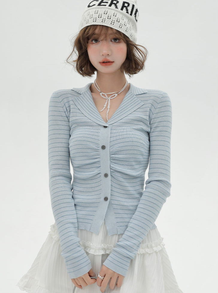 Knit Collar Light Stripe Top Blue Suit