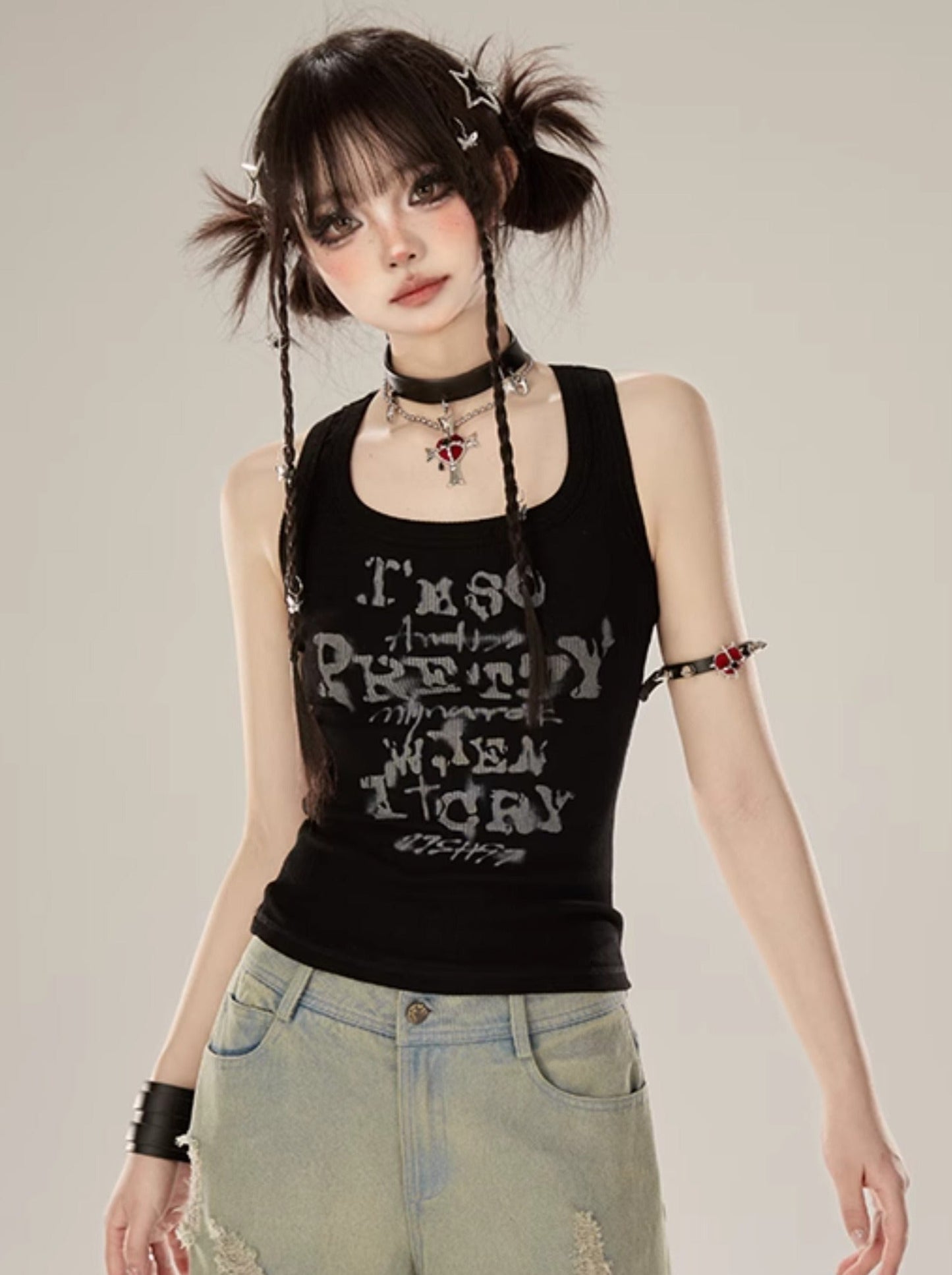 Tank Letter Black Top American Design Print