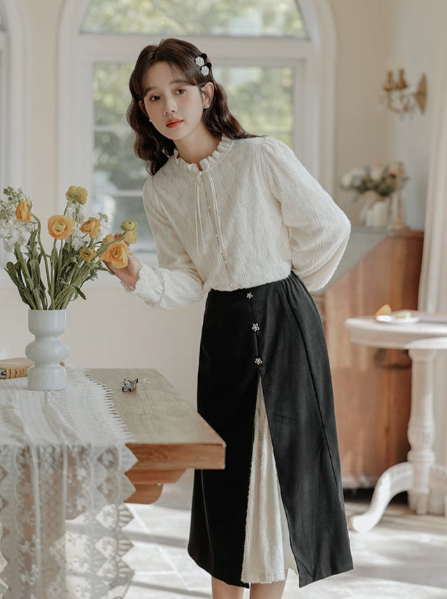 Lace China French Skirt Shirt Slit Retro