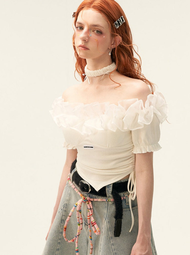 Haut en dentelle, épaules en tulle, haut fleuri, tricot