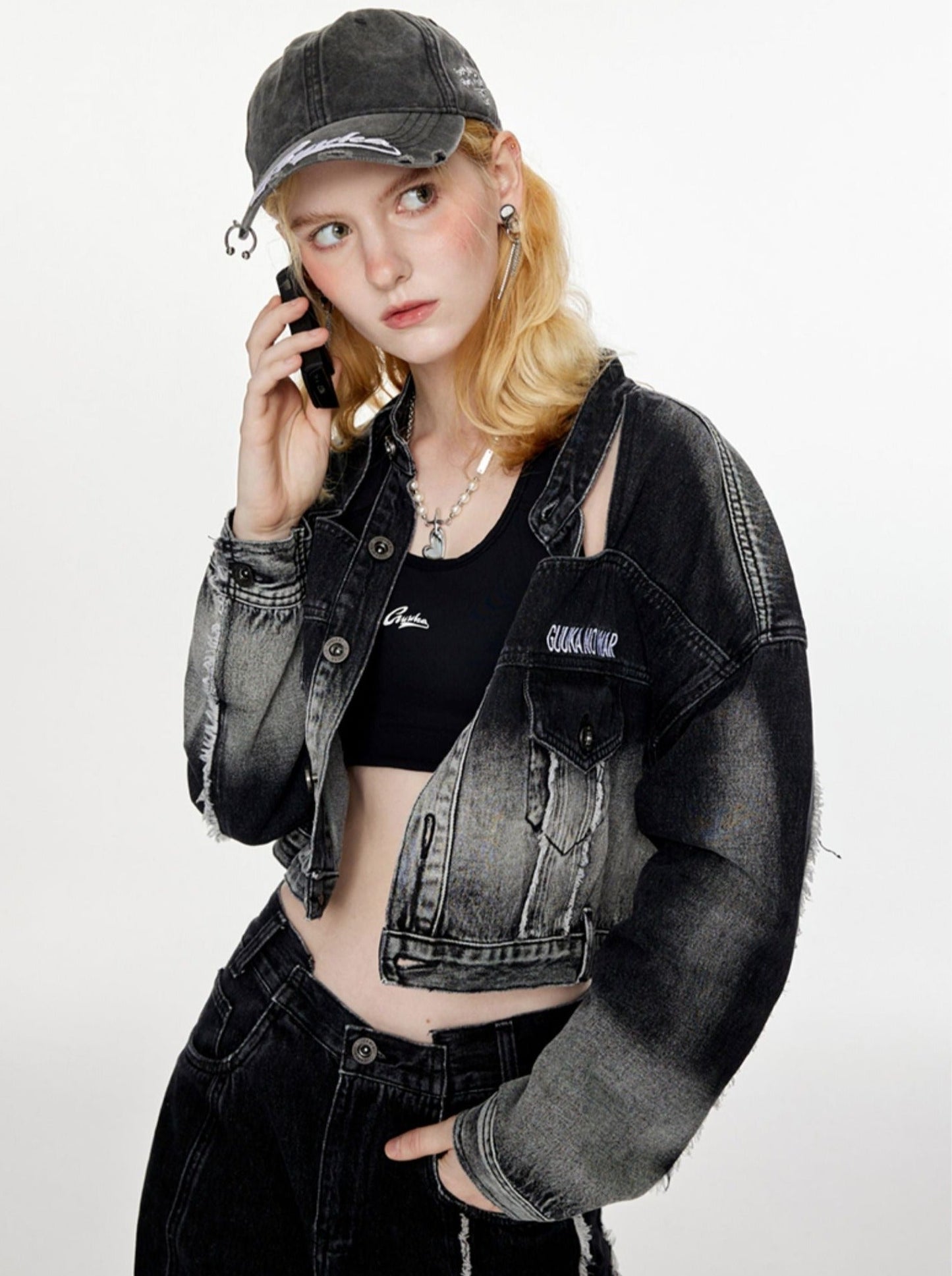 Veste mode en jean dégradé foncé court