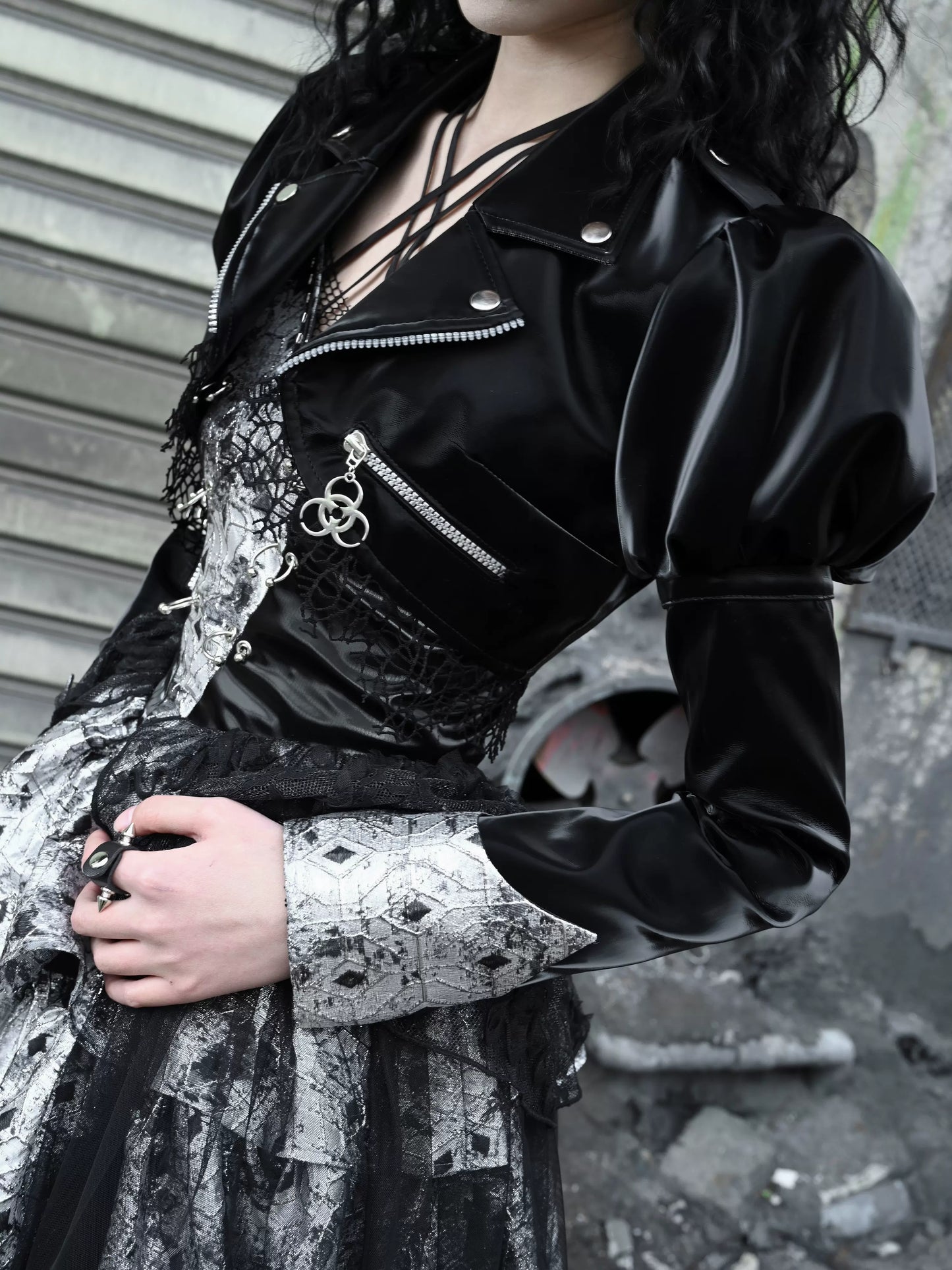 Spleißen Spitze Jacke Punk Mesh Leder PU Kurze