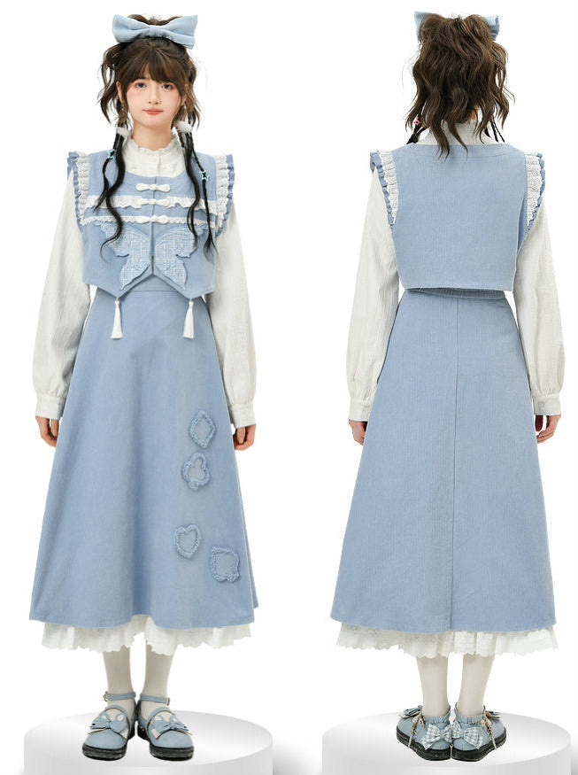 Gilet bleu forêt jupe papillon à volants chemise bleu Chine