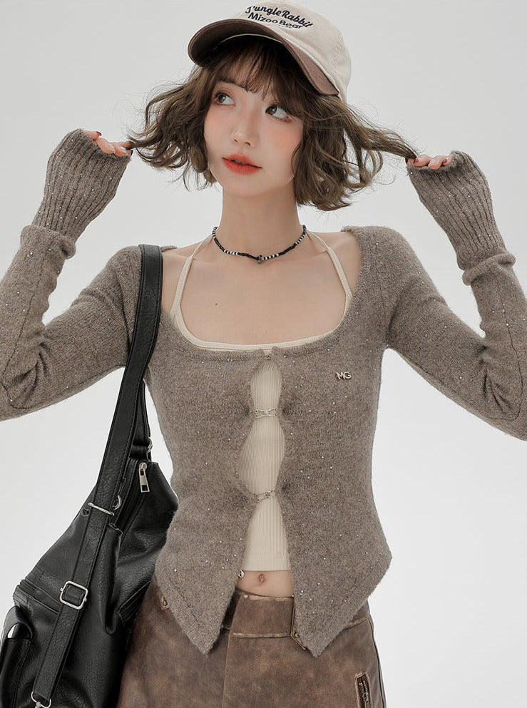 Cardigan Top Retro Suspender Slim Shiny American