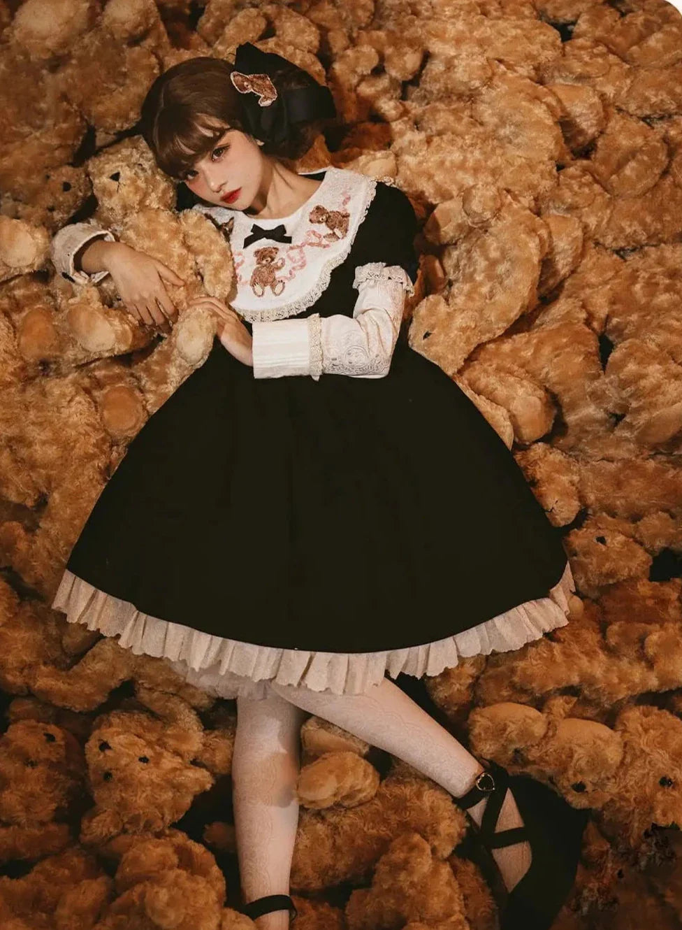 ロリータテディベアフラップレースパフスリーブリボンデレス