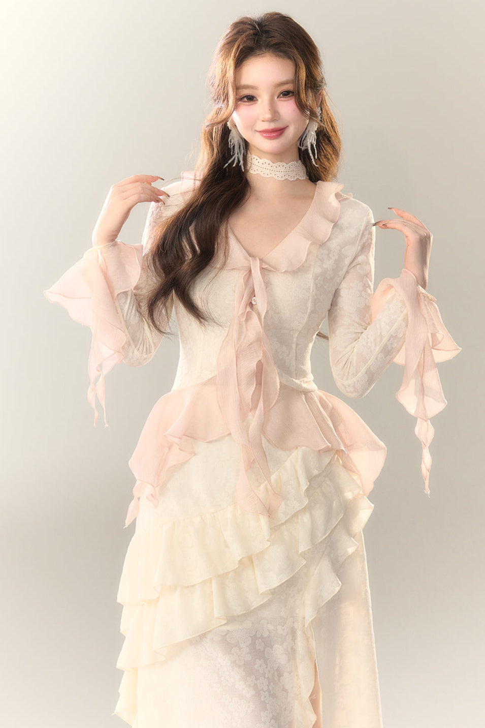 Top Sweet + Long Skirt Sheer Frilled