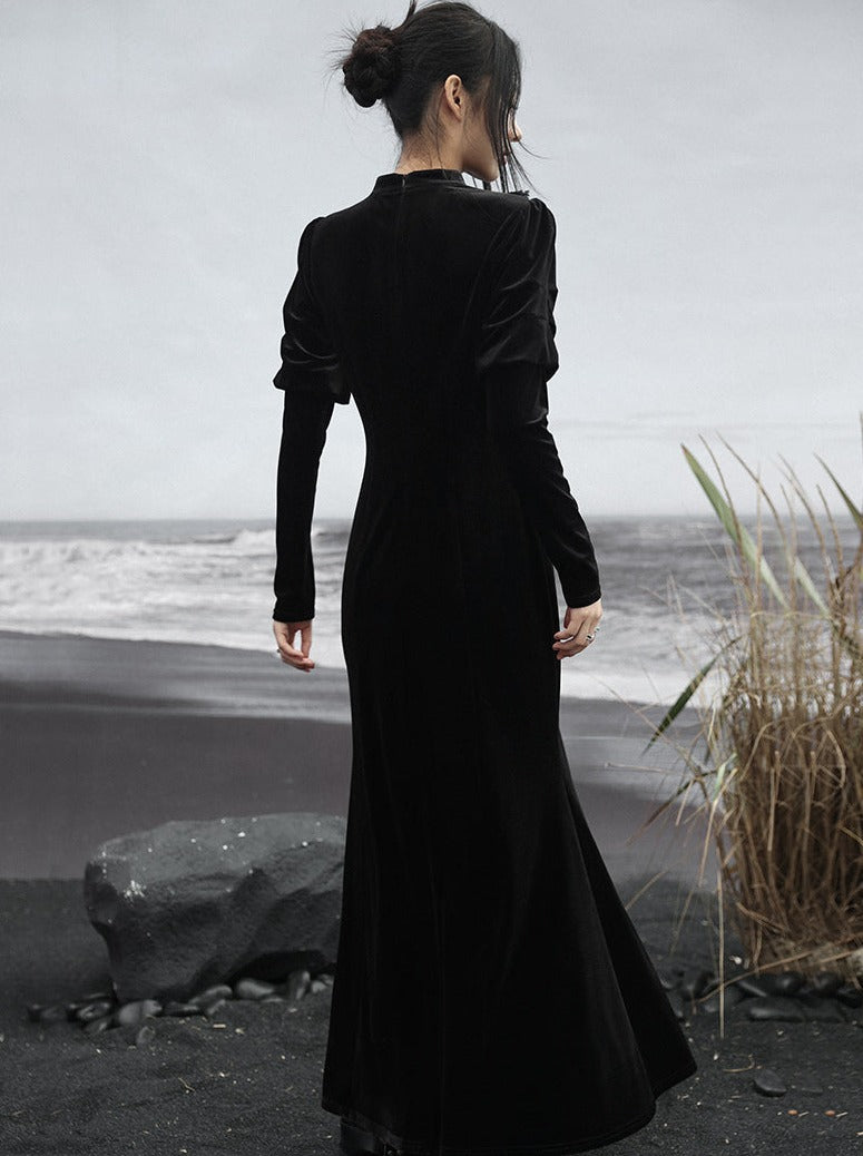 Skirt Retro Slit Long Dark Lace Splicing