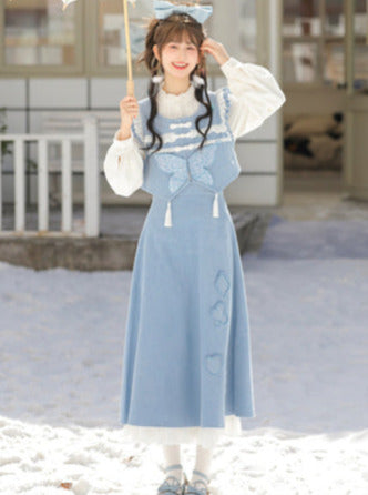 Gilet bleu forêt jupe papillon à volants chemise bleu Chine