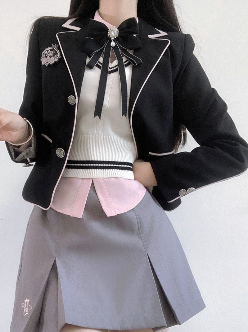 Veste Collège Gilet + Jupe Chemise Box + Slim Plissé Fille Doux Style Ruban