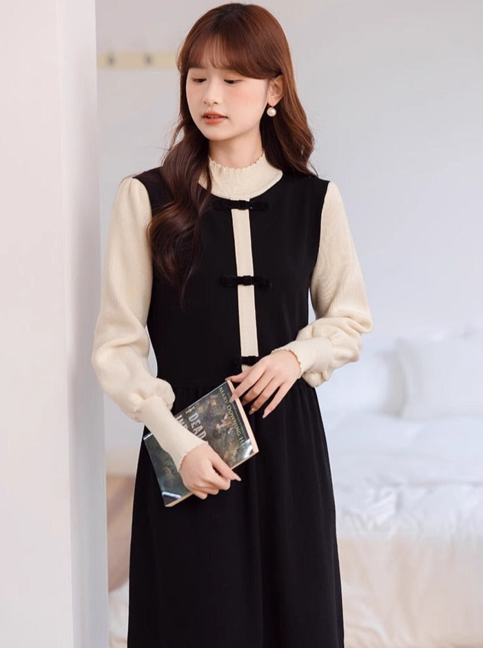 Piece Collar High Dress Half Two Contrast Faux