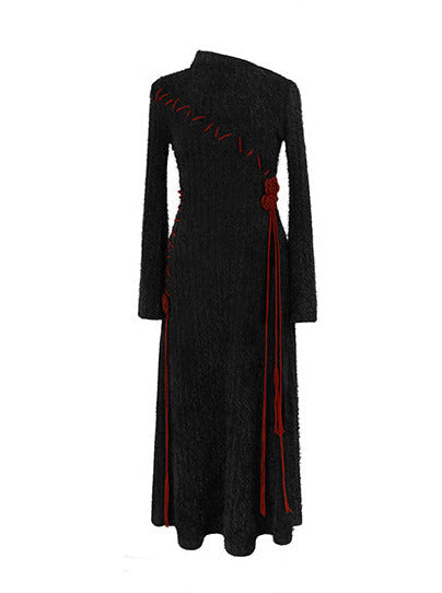 Contrast Dress Rose Irregular Red Knit Sleeve Dark Black Bell