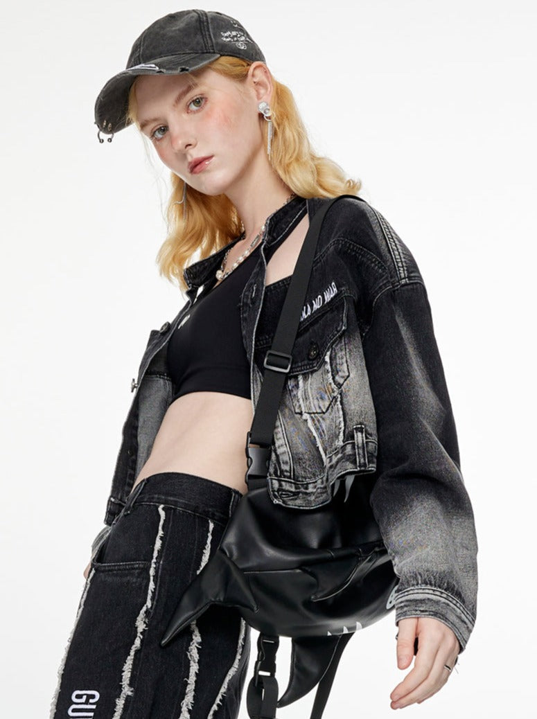 Veste mode en jean dégradé foncé court