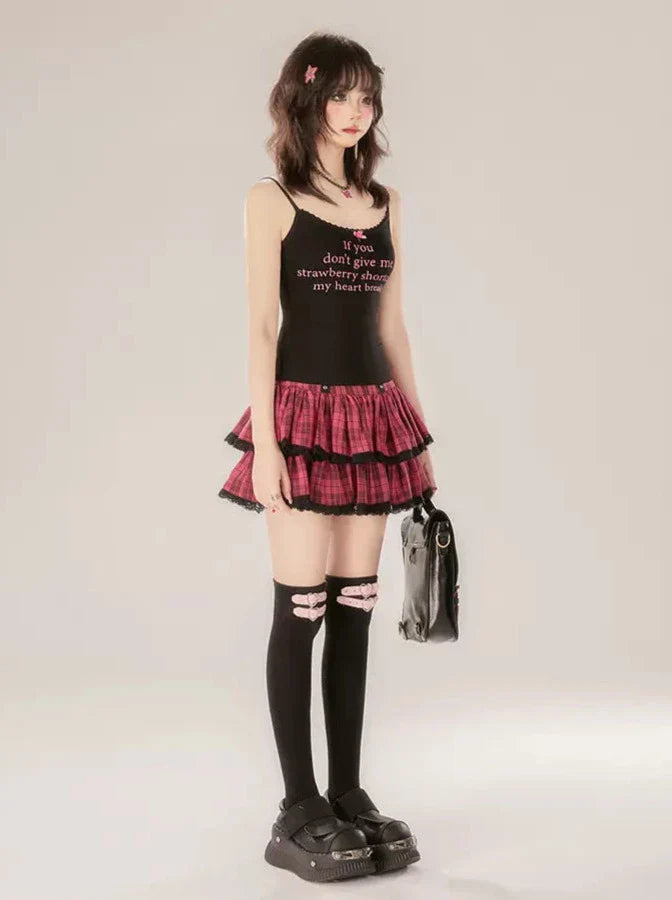 Skirt Ribbon + Top Cake Cami Print Check Black