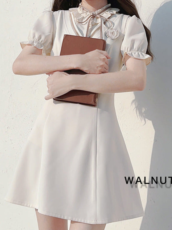 Style Dress Sleeve V-neck Emblem Shirt Badge Preppy Ribbon + Puff Ruffle