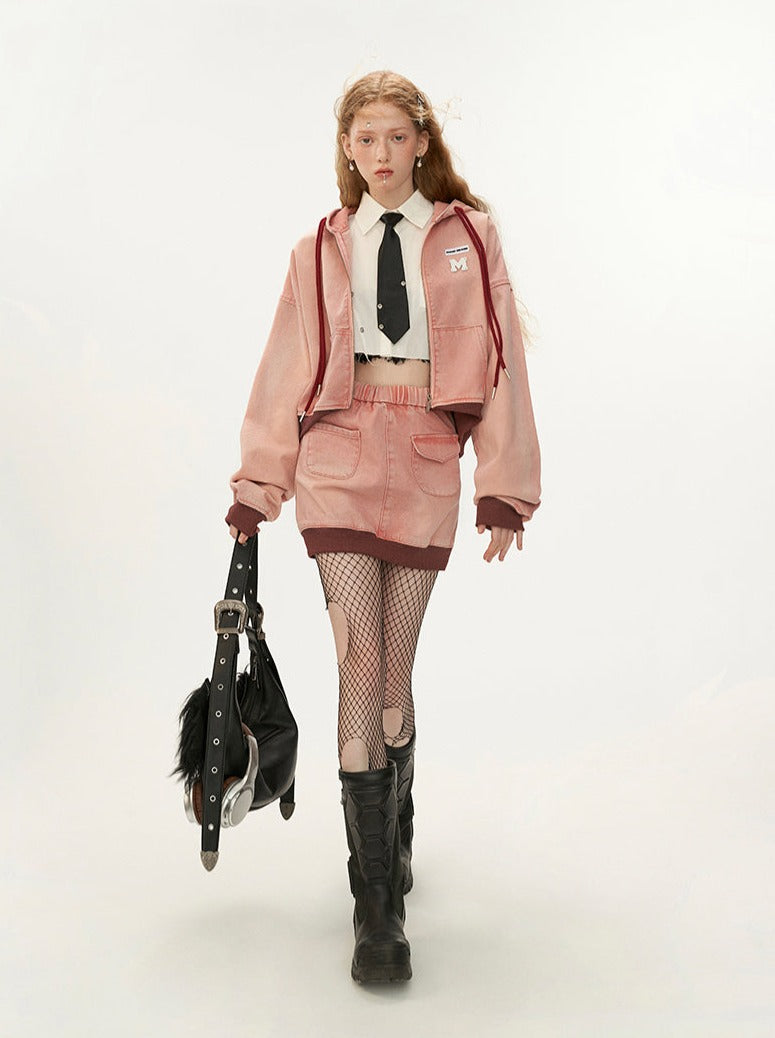 Zip Hoodie Y2K Short Hooded Casual + Skirt