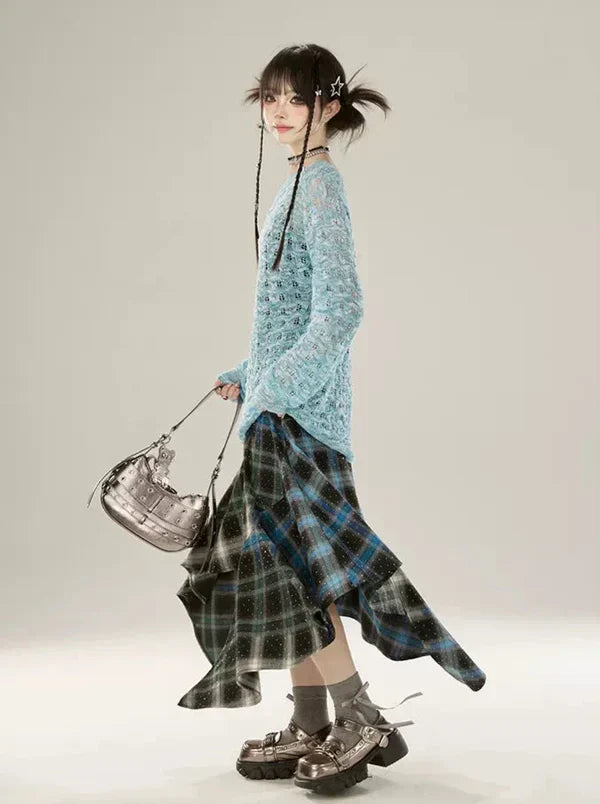 Contrast Gradient Irregular Checked Skirt Color
