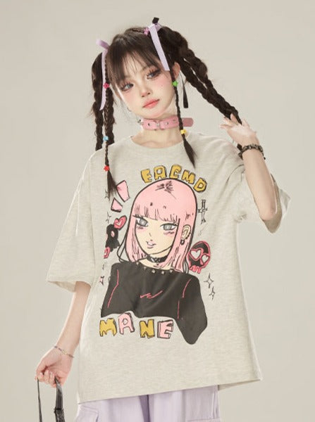 Round Loose Illustration Gray Neck Top Punk Girl