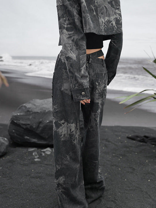 Dunkles Design Denim Lose Fransen Breite Cut-Taille
