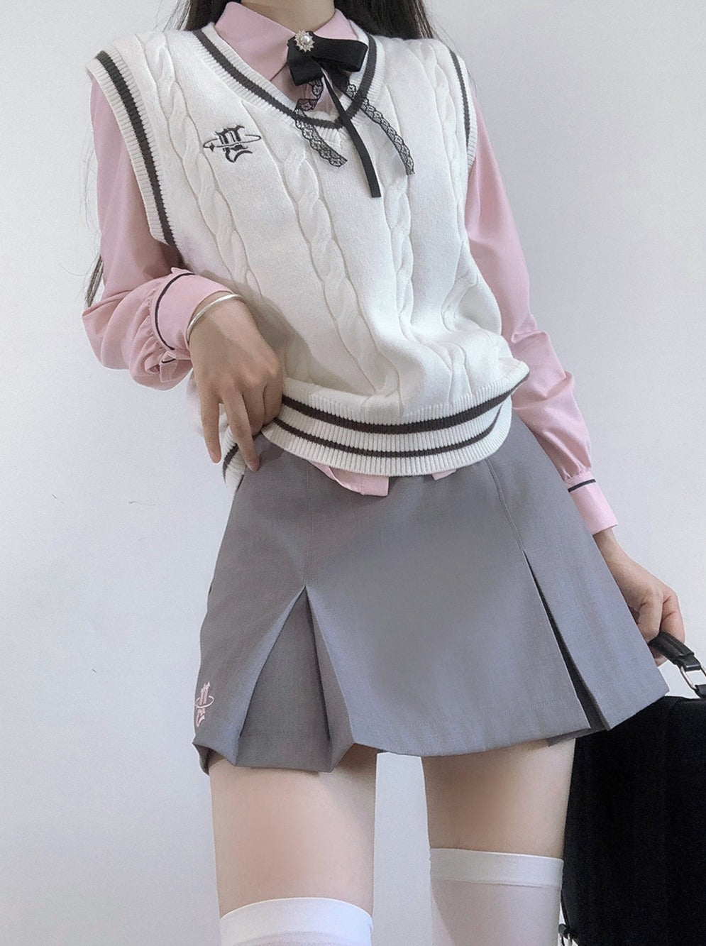 Veste Collège Gilet + Jupe Chemise Box + Slim Plissé Fille Doux Style Ruban
