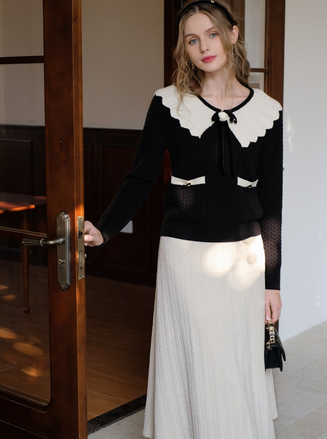 Sweater Block Web Ribbon Retro Lapel French Color Cardigan