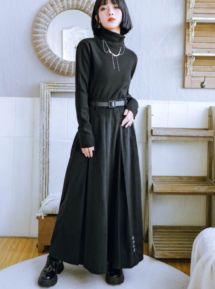 刺繍ベルベットブラックプリーツスカート