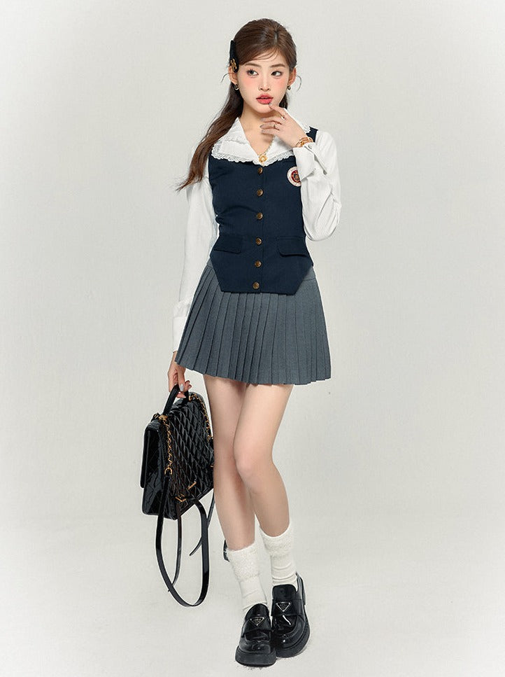 Chemise rétro avec gilet et jupe slim plissée style collège