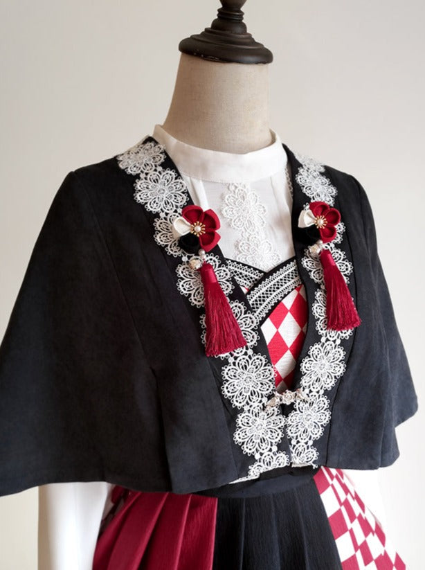 trumpet fur blouse cape + China accessories tassel scarf jumper skirt