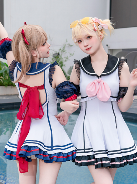 Robe Maillot de Bain Marin Volants Lolita Marine