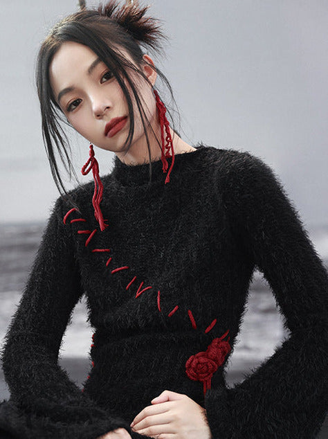 Contrast Dress Rose Irregular Red Knit Sleeve Dark Black Bell